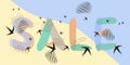 Summer banner. Seashore, sand, birds, lettering Sale. Hand drawn letters. Spots, dot strokes. Vector illustration of pastel soft Royalty Free Stock Photo