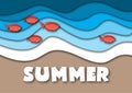 Summer banner template in A4 format, with sea or ocean waves,tropical sand beach, red fish and text Royalty Free Stock Photo