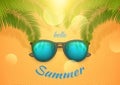 Summer banner with text Hello Summer, sunglass and palm branch Happy bright concept in yellow background. Vector Stock