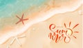 Summer banner.Top view of the sea tide, starfish and sand.Beach holiday.Vector illustration