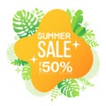 Summer sale banner template. Liquid, geometric, shape, background with tropic, fluid bubble and leaves.