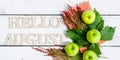 Summer banner: Word Hello August, old book and green apples on a white wooden rustic background. Horizontal flat lay Royalty Free Stock Photo