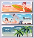 Summer banners set. Girl on the beach, active rest. Summer vacation at sea, beach vibe, holidays. Summer background for