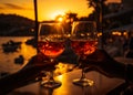 Summer bar cocktails on sunset. Alcohol orange drink at romantic vacation. Generative AI Royalty Free Stock Photo