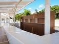 A summer bar with empty shelves and a white bar is located under a white canopy against a backdrop of green trees and