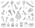 birthday doodle vector. Set of birthday party elements with cute black line design. Vector illustration Doodle birthday Royalty Free Stock Photo