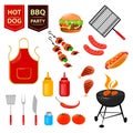 Summer barbecue party. Set of flat icons with grilled chicken drumsticks, hot dog, meat and sauces