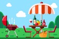 Summer barbecue picnic, vector flat illustration. BBQ grill, umbrella, table with food and wine on meadow
