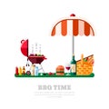 Summer barbecue picnic, vector flat isolated illustration. BBQ grill, umbrella, table with food and wine on green lawn