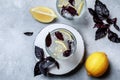 Summer basil lemonade on grey background. Fresh summer cocktail with basil, lemon and ice cubes. Homemade fresh lemonade with lemo