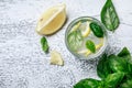 Summer basil lemonade on grey background. Fresh summer cocktail with basil, lemon and ice cubes. Homemade fresh lemonade with lemo