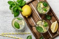 Summer basil lemonade on grey background. Fresh summer cocktail with basil, lemon and ice cubes. Homemade fresh lemonade with lemo