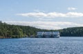 Nikolskaya Bay on the island, with standing cruise ship Royalty Free Stock Photo