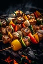 Summer BBQ with colorful chicken kebabs skewers. Royalty Free Stock Photo