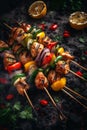 Summer BBQ with colorful chicken kebabs skewers.