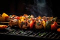 Colorful chicken kebab skewers on a grill. Royalty Free Stock Photo