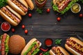 Summer BBQ food table scene with a dark wood background showing a top view of hot dogs and hamburgers buffet Royalty Free Stock Photo