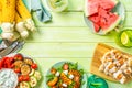 Summer bbq party concept - grilled chicken, vegetables, corn, salad, top view Royalty Free Stock Photo