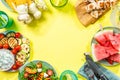 Summer bbq party concept - grilled chicken, vegetables, corn, salad, top view Royalty Free Stock Photo