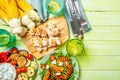 Summer bbq party concept - grilled chicken, vegetables, corn, salad, top view Royalty Free Stock Photo