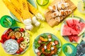 Summer bbq party concept - grilled chicken, vegetables, corn, salad, top view Royalty Free Stock Photo