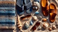 Summer Beach Accessories Flatlay: Sandals, Sunglasses and Seashells on Sand Royalty Free Stock Photo