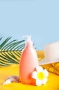 Summer beach accessories. Hat, tube of sunscreen, flower plumeria frangipani, palm leaf and seashells. Royalty Free Stock Photo