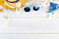Summer Beach accessories White sunglasses,starfish,straw hat,gl Royalty Free Stock Photo