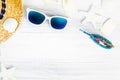 Summer Beach accessories White sunglasses,starfish,straw hat,gl Royalty Free Stock Photo