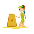 Summer beach activities. Girl build sand castle. Beach vacation. Cartoon style