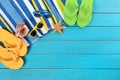 Summer beach background border flip flops sunglasses copy space Royalty Free Stock Photo