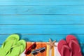 Summer beach background border, sunglasses, flip flops, copy space Royalty Free Stock Photo