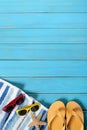 Summer beach background border, sunglasses, flip flops, starfish, vertical Royalty Free Stock Photo