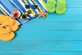 Summer beach background flip flops sunglasses sunbathing copy space Royalty Free Stock Photo