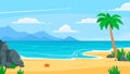 Summer beach background. Sandy seashore, sea coast with palm tree and vocation seaside travel vector cartoon backdrop