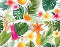 summer beach background. tropical background. summer vector illustration with tropical leaves, cocktail, sunglasses and flowers, p Royalty Free Stock Photo