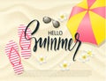 Summer beach background with tropical flowers, umbrella, sunglasses and flip flops on sand . Vector illustration. Royalty Free Stock Photo