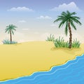 Summer beach background. tropical sea and sandy shore with palms. cartoon style illustration of seaside at sunset, waves Royalty Free Stock Photo