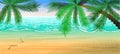 Summer beach background. View on the sea and the horizon under the palm trees