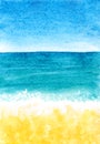 Summer beach background. Watercolor hand drawn illustration. Summer tropical beach with golden sand and wave Royalty Free Stock Photo