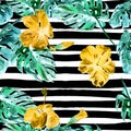 Summer Beach Background. Watercolor Seamless Pattern. Hand Painted Tropic Summer Motif with Monstera and Hibiscus Royalty Free Stock Photo