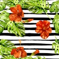 Summer Beach Background. Watercolor Seamless Pattern. Hand Painted Tropic Summer Motif with Monstera and Hibiscus Royalty Free Stock Photo