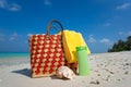 Summer beach bag with shell, towel on sandy beach Royalty Free Stock Photo