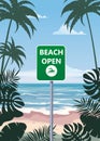 Summer beach banner Open. Seascape ocean shore tropical flora palms. Opening season vacation. Vector illustration