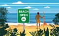 Summer beach banner Open surfer with surfboard. Seascape ocean shore tropical flora palms. Opening season vacation Royalty Free Stock Photo