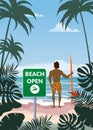 Summer beach banner Open surfer with surfboard. Seascape ocean shore tropical flora palms. Opening season vacation Royalty Free Stock Photo