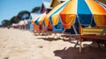 Summer beach boardwalk with colorful huts and sun umbrellas for apparel and accessories promotion Royalty Free Stock Photo