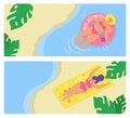 Summer beach for body positive people, young woman girl vacation set vector illustration. Female character in swimsuit