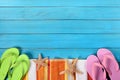 Summer beach border background, sunglasses, flip flops, copy space Royalty Free Stock Photo