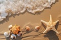 Summer beach border mockup with seashells and starfish, top view. Generative AI Royalty Free Stock Photo